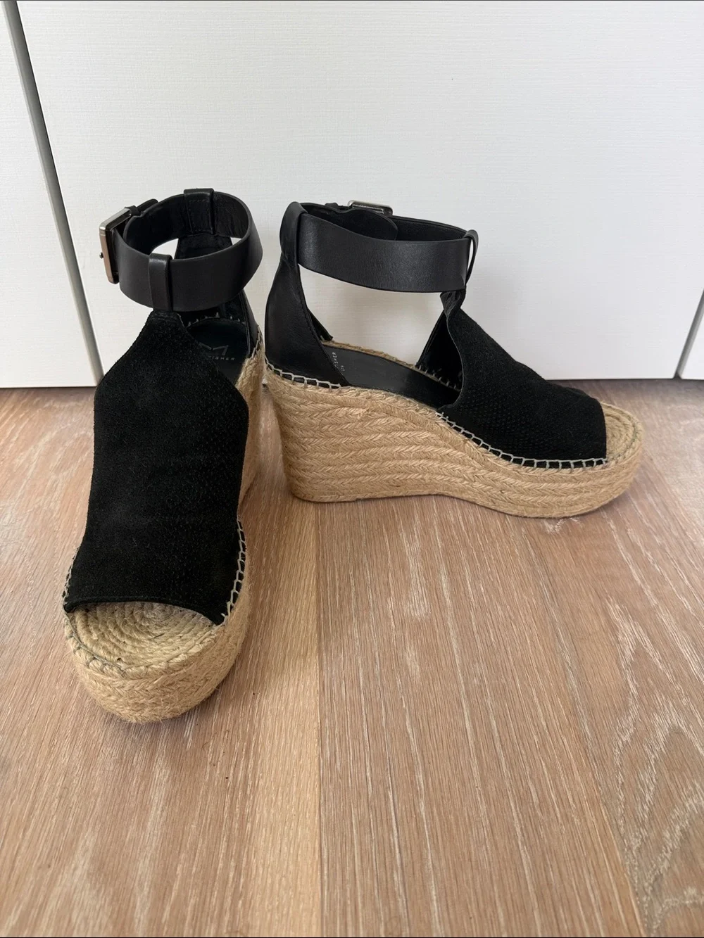 Marc Fisher Black Espadrille Platform Wedge Sandals with Ankle Strap